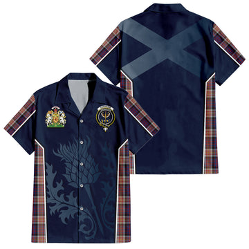 Carnegie Tartan Short Sleeve Button Up Shirt with Family Crest and Scottish Thistle Vibes Sport Style