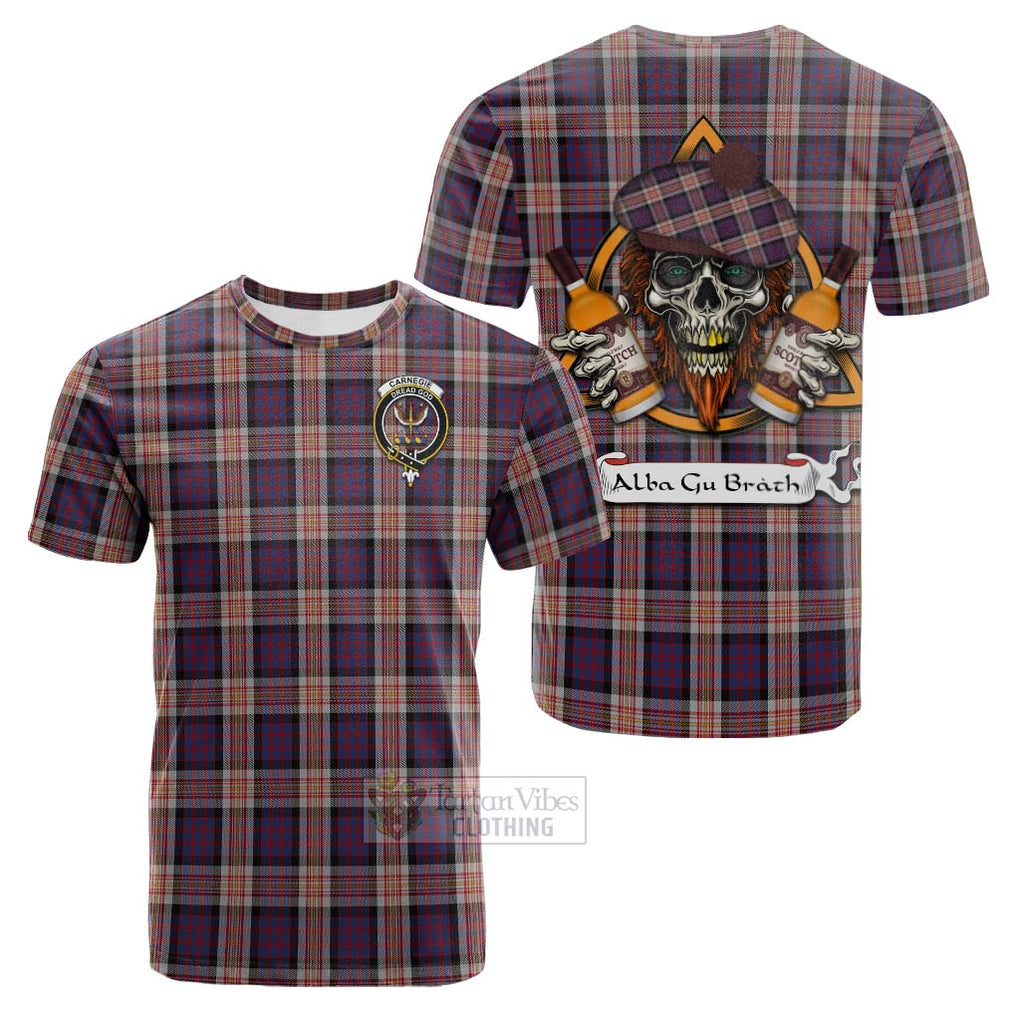 Tartan Vibes Clothing Carnegie Tartan Cotton T-shirt with Family Crest and Bearded Skull Holding Bottles of Whiskey