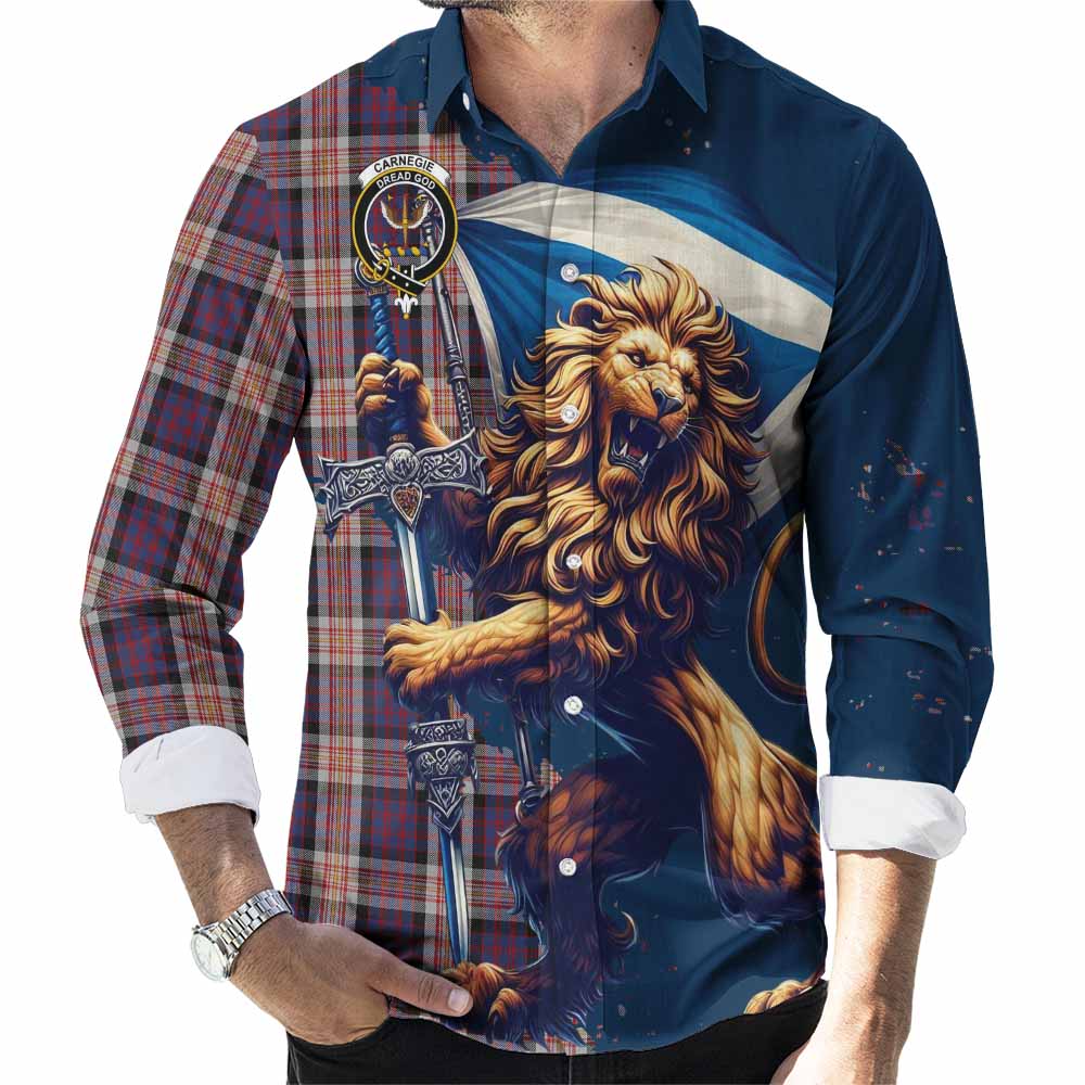 Tartan Vibes Clothing Carnegie Tartan Family Crest Long Sleeve Button Shirt with Scottish Majestic Lion