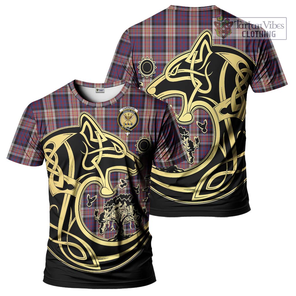 Tartan Vibes Clothing Carnegie Tartan T-Shirt with Family Crest Celtic Wolf Style