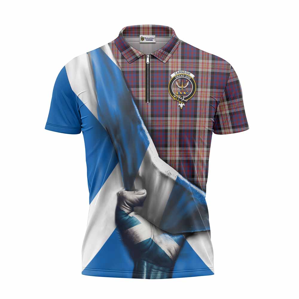 Tartan Vibes Clothing Carnegie Tartan Zipper Polo Shirt with Family Crest Scotland Patriotic Style