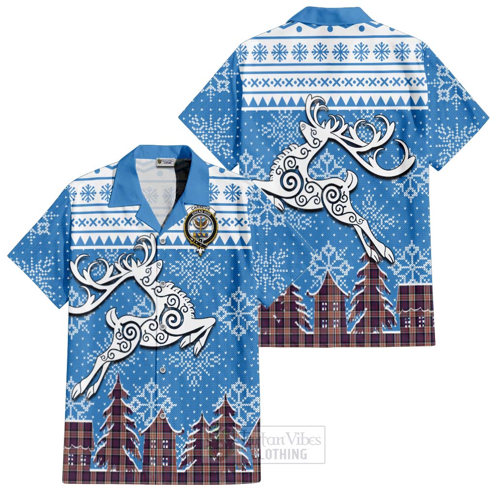 Tartan Vibes Clothing Carnegie Clan Christmas Short Sleeve Button Shirt Celtic Reindeer Style