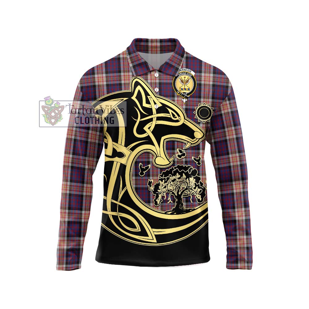 Tartan Vibes Clothing Carnegie Tartan Long Sleeve Polo Shirt with Family Crest Celtic Wolf Style