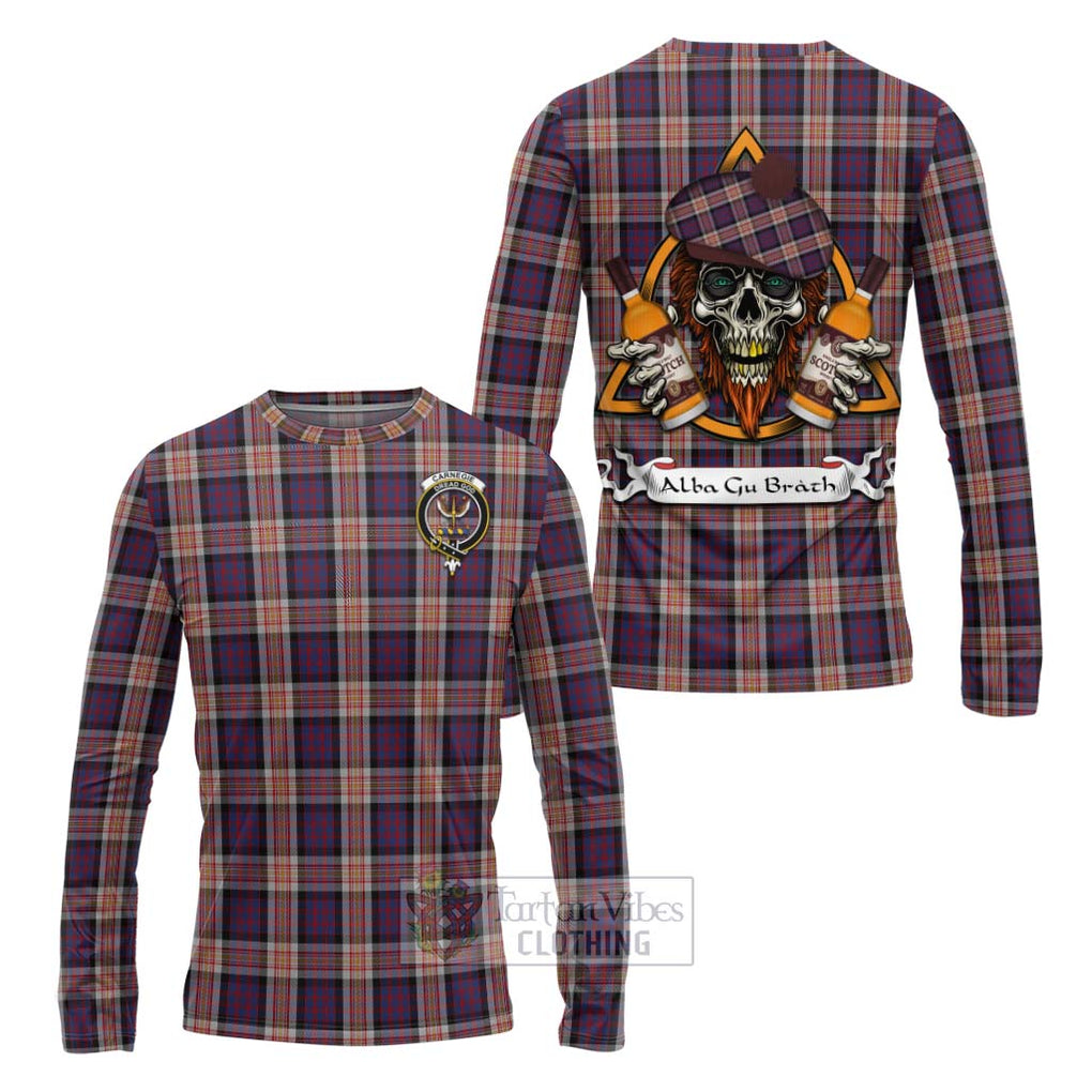 Tartan Vibes Clothing Carnegie Tartan Long Sleeve T-Shirt with Family Crest and Bearded Skull Holding Bottles of Whiskey