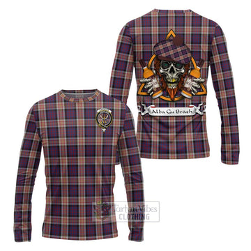 Carnegie Tartan Long Sleeve T-Shirt with Family Crest and Bearded Skull Holding Bottles of Whiskey