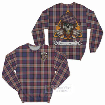 Carnegie Tartan Sweatshirt with Family Crest and Bearded Skull Holding Bottles of Whiskey