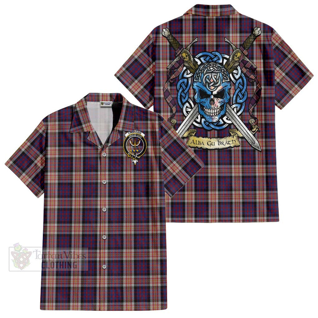 Tartan Vibes Clothing Carnegie Tartan Short Sleeve Button Shirt with Family Crest Celtic Skull Style