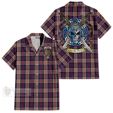 Carnegie Tartan Short Sleeve Button Shirt with Family Crest Celtic Skull Style