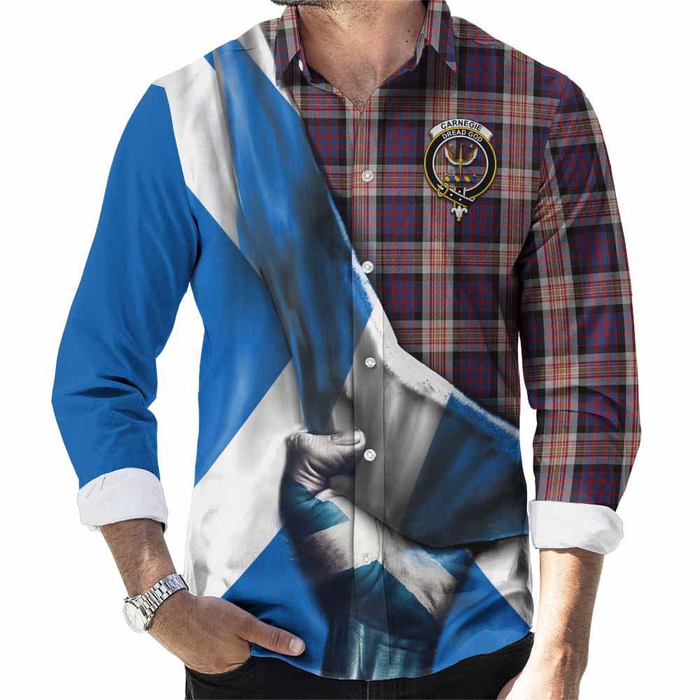 Tartan Vibes Clothing Carnegie Tartan Long Sleeve Button Shirt with Family Crest Scotland Patriotic Style