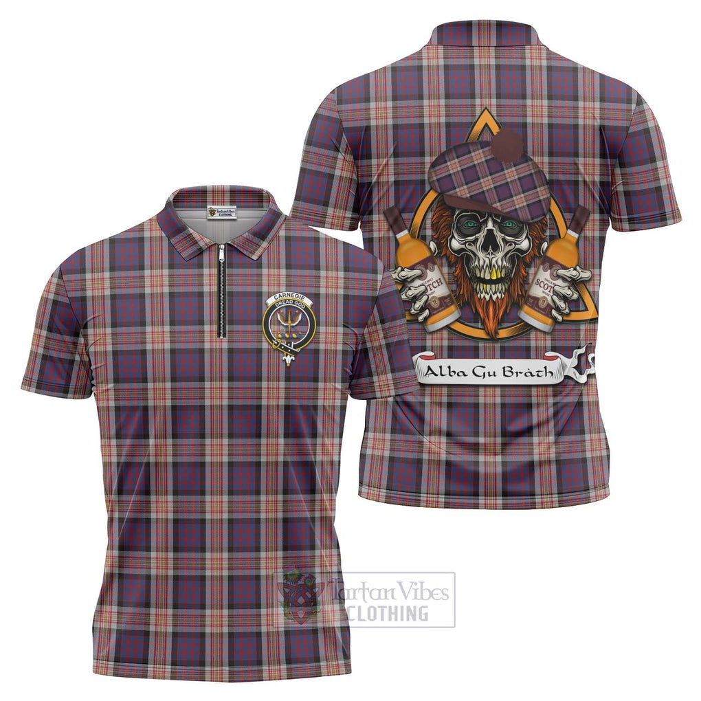 Tartan Vibes Clothing Carnegie Tartan Zipper Polo Shirt with Family Crest and Bearded Skull Holding Bottles of Whiskey