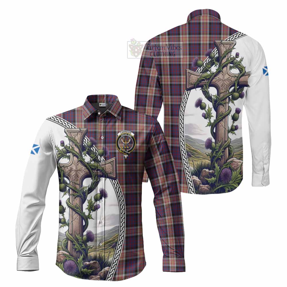 Tartan Vibes Clothing Carnegie Tartan Long Sleeve Button Shirt with Family Crest and St. Andrew's Cross Accented by Thistle Vines