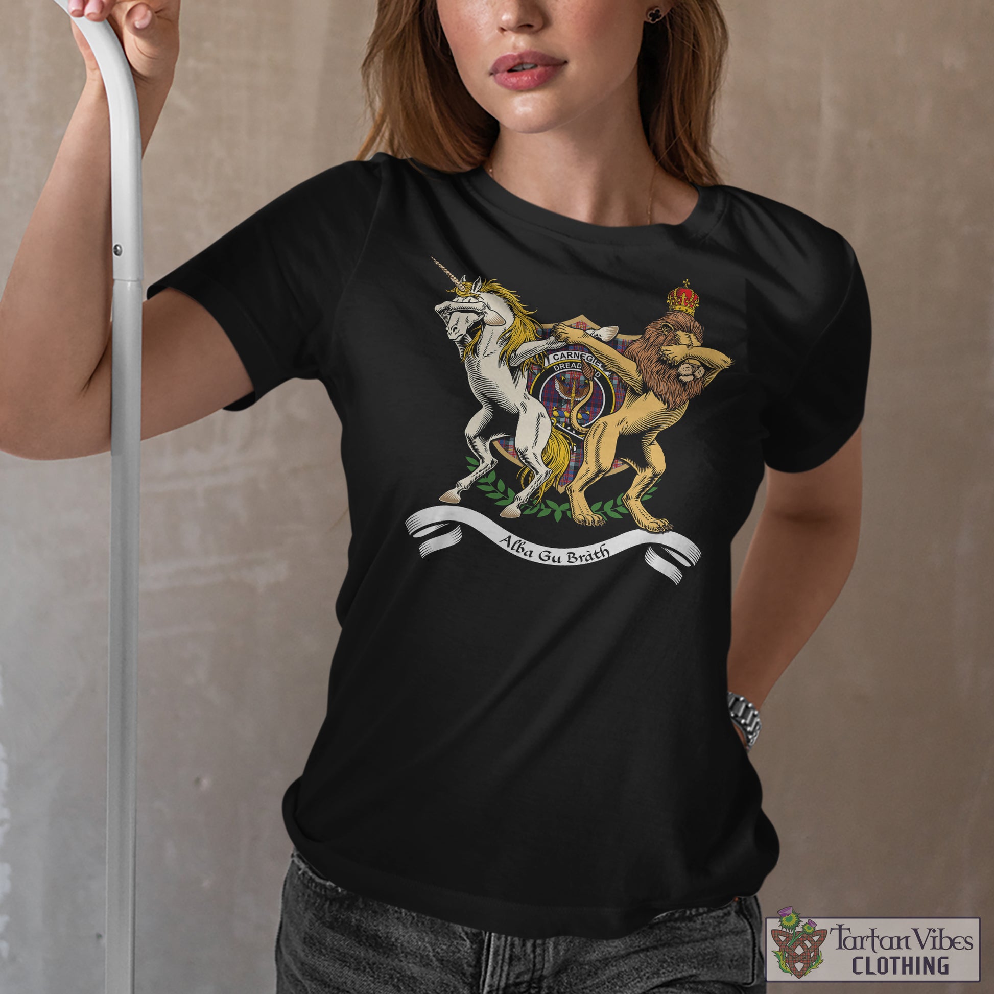 Tartan Vibes Clothing Carnegie Family Crest Cotton Women's T-Shirt with Scotland Royal Coat Of Arm Funny Style