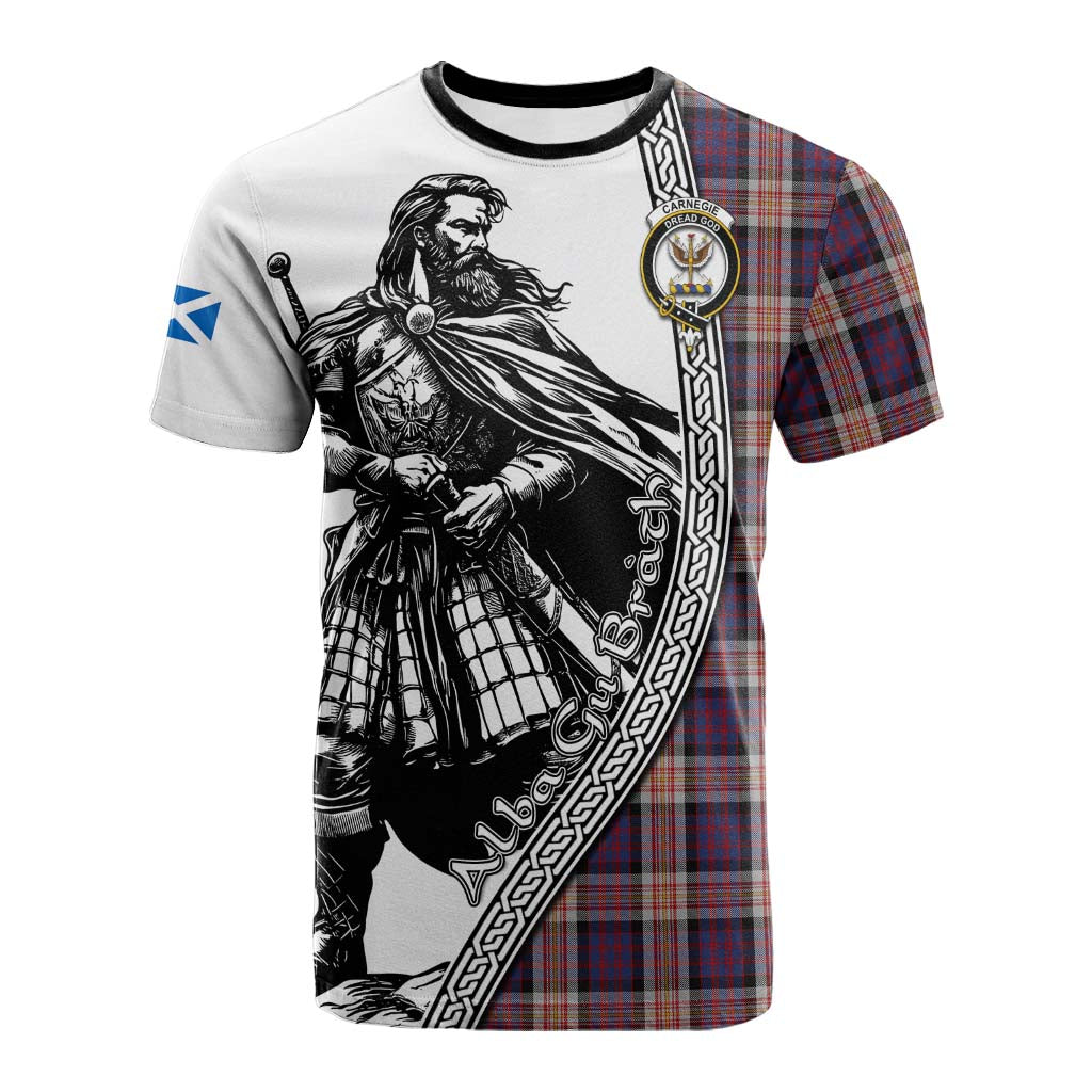 Carnegie Tartan Clan Crest Cotton T-shirt with Highlander Warrior Celtic Style