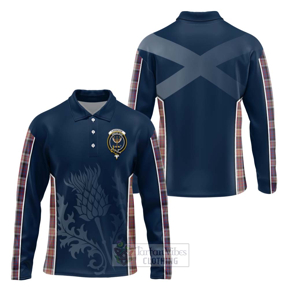 Tartan Vibes Clothing Carnegie Tartan Long Sleeve Polo Shirt with Family Crest and Scottish Thistle Vibes Sport Style