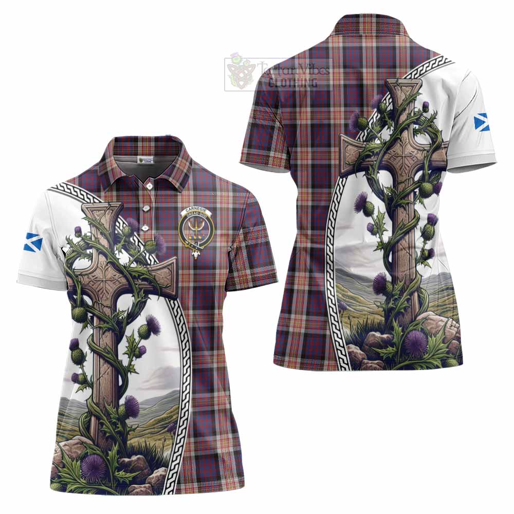 Tartan Vibes Clothing Carnegie Tartan Women's Polo Shirt with Family Crest and St. Andrew's Cross Accented by Thistle Vines