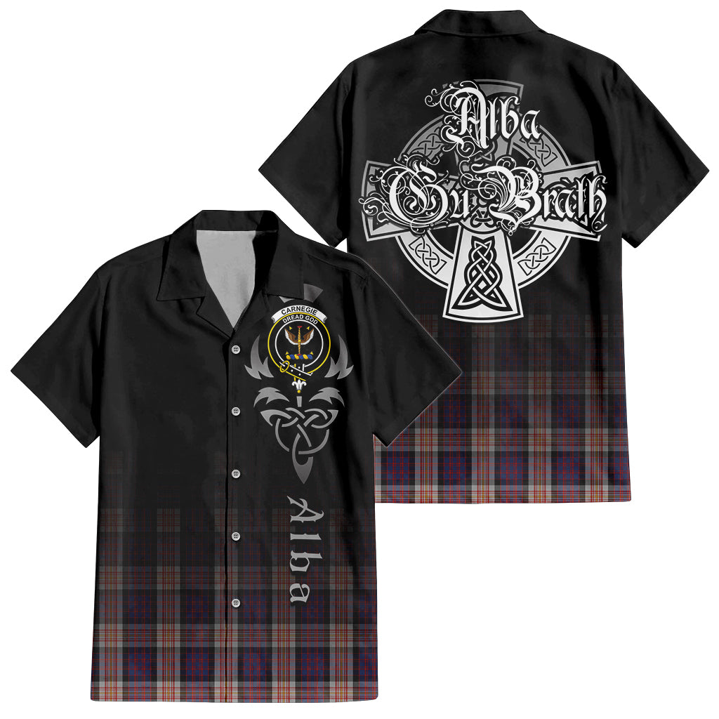 Tartan Vibes Clothing Carnegie Tartan Short Sleeve Button Up Featuring Alba Gu Brath Family Crest Celtic Inspired