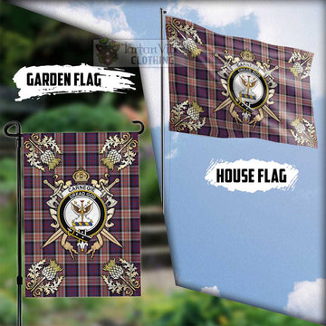 Carnegie Tartan Flag with Family Crest and Golden Thistle Crossed Sword Design