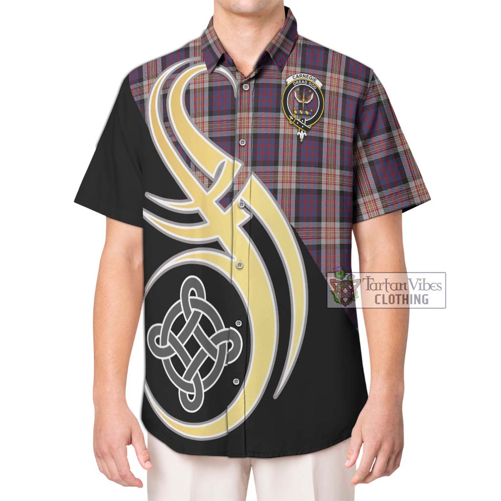 Tartan Vibes Clothing Carnegie Tartan Short Sleeve Button Shirt with Family Crest and Celtic Symbol Style