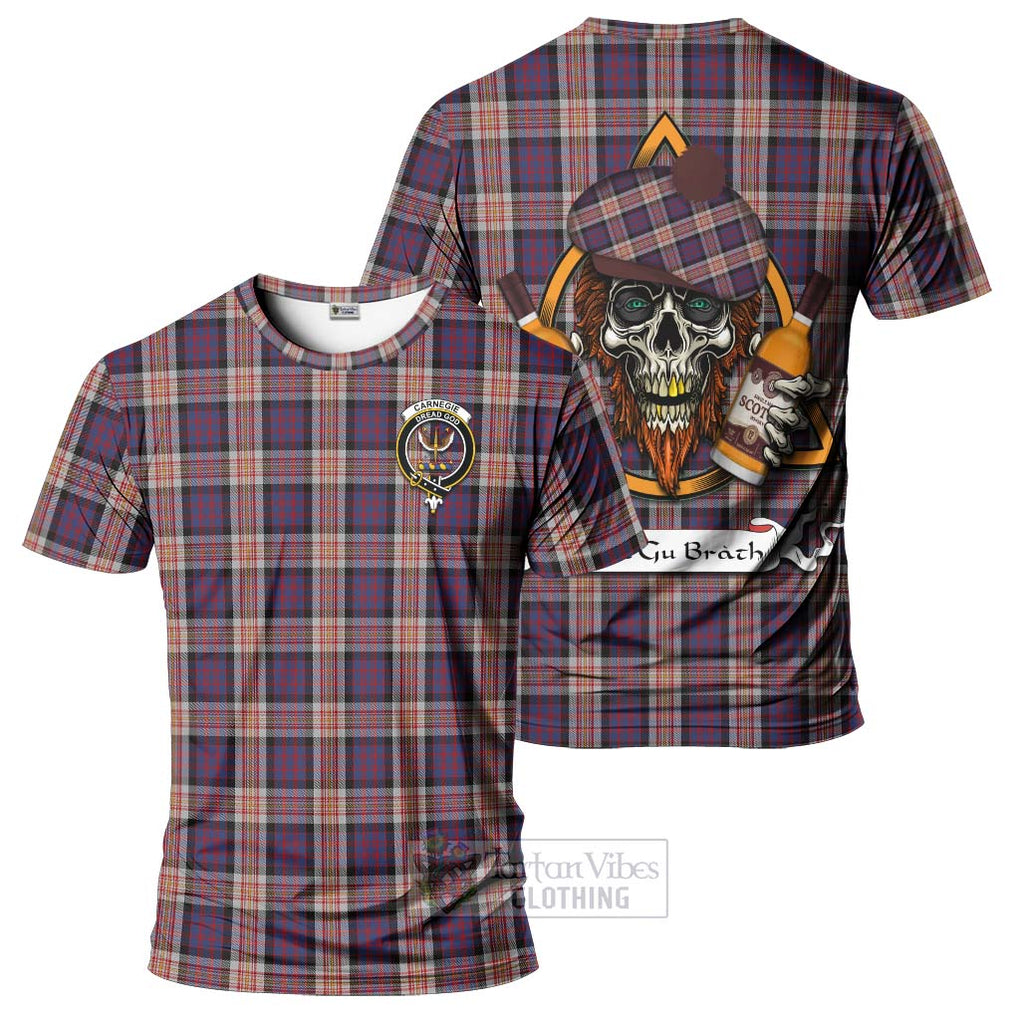 Tartan Vibes Clothing Carnegie Tartan T-Shirt with Family Crest and Bearded Skull Holding Bottles of Whiskey