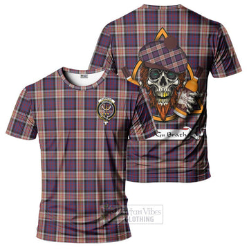 Carnegie Tartan T-Shirt with Family Crest and Bearded Skull Holding Bottles of Whiskey