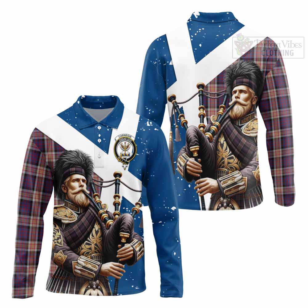 Tartan Vibes Clothing Carnegie Tartan Long Sleeve Polo Shirt with Family Crest Scottish Bagpiper Vibes