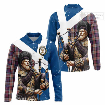 Carnegie Tartan Long Sleeve Polo Shirt with Family Crest Scottish Bagpiper Vibes