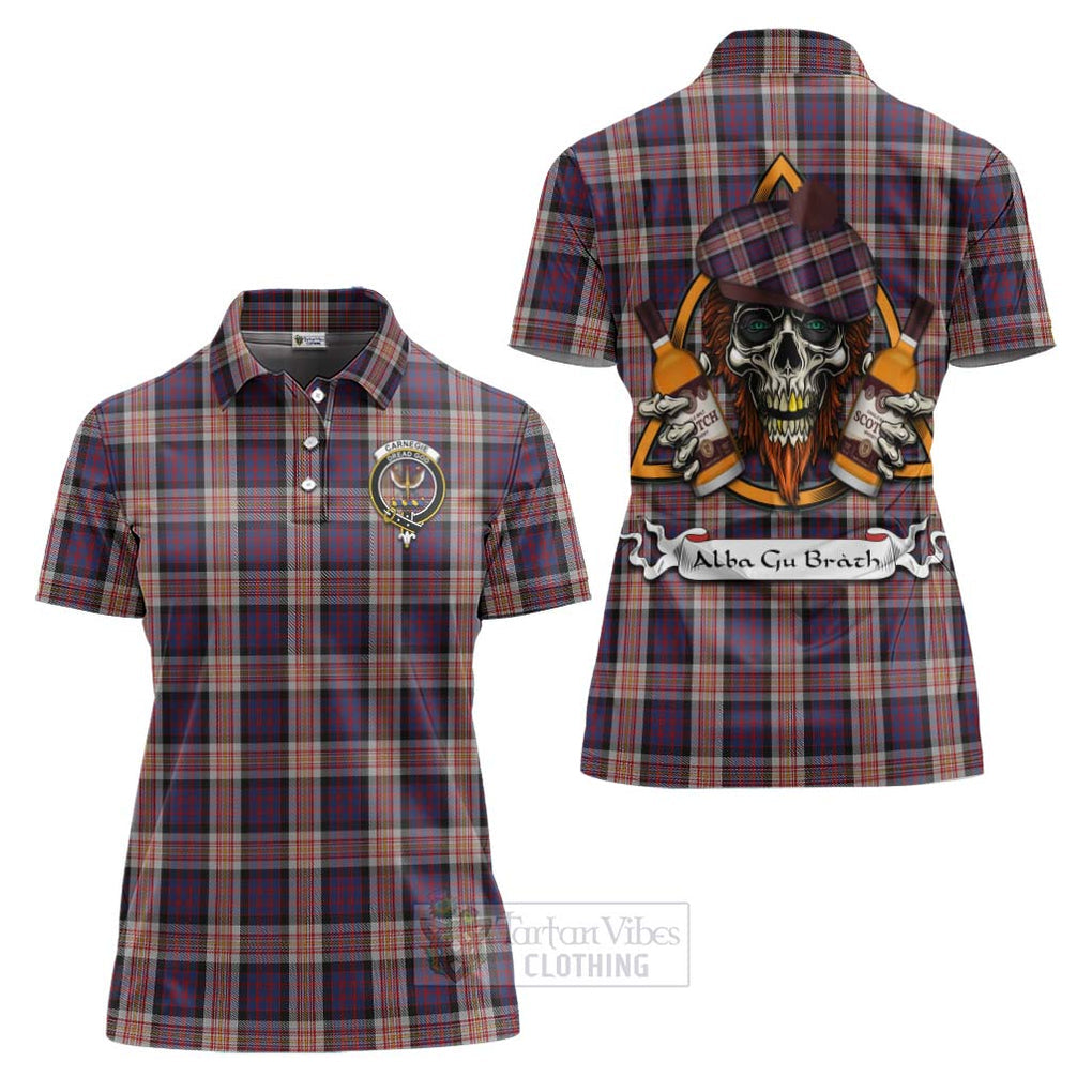 Tartan Vibes Clothing Carnegie Tartan Women's Polo Shirt with Family Crest and Bearded Skull Holding Bottles of Whiskey