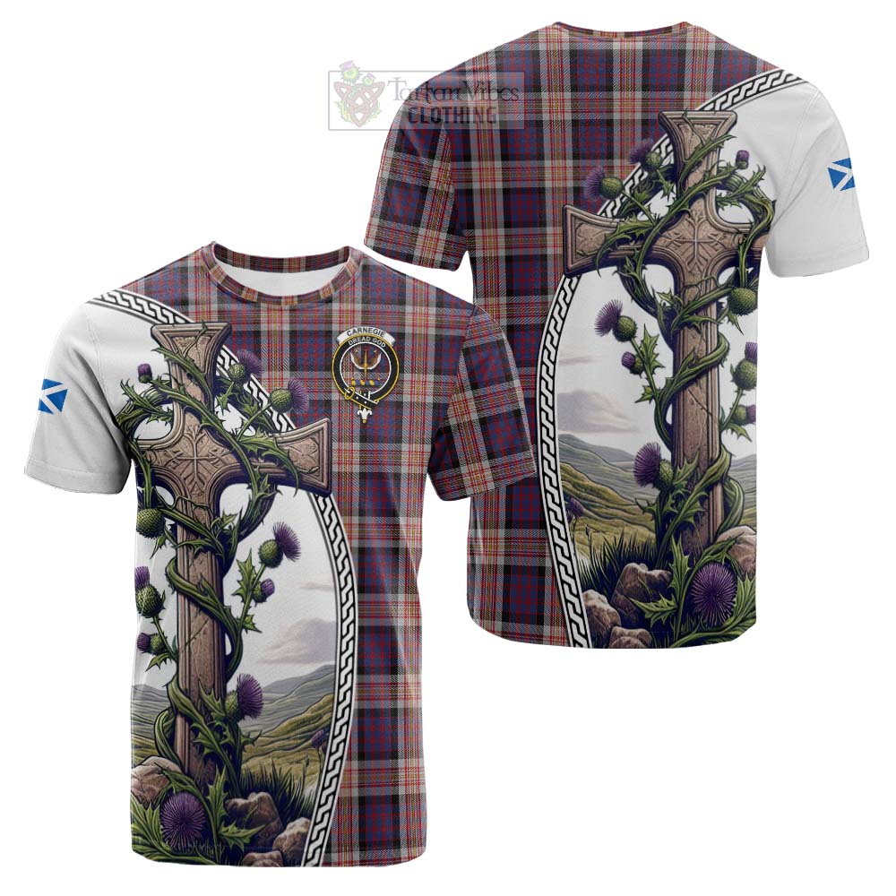 Tartan Vibes Clothing Carnegie Tartan Cotton T-shirt with Family Crest and St. Andrew's Cross Accented by Thistle Vines