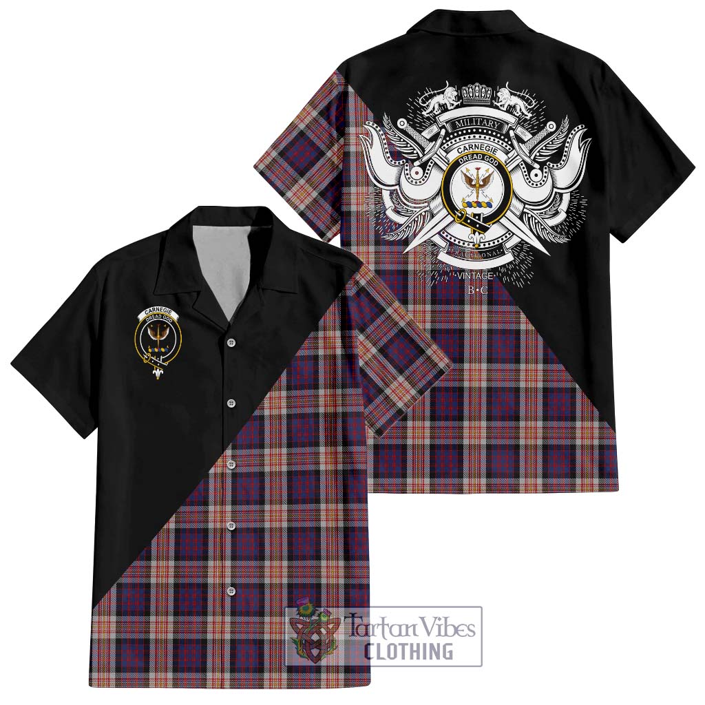 Tartan Vibes Clothing Carnegie Tartan Short Sleeve Button Shirt with Family Crest and Military Logo Style