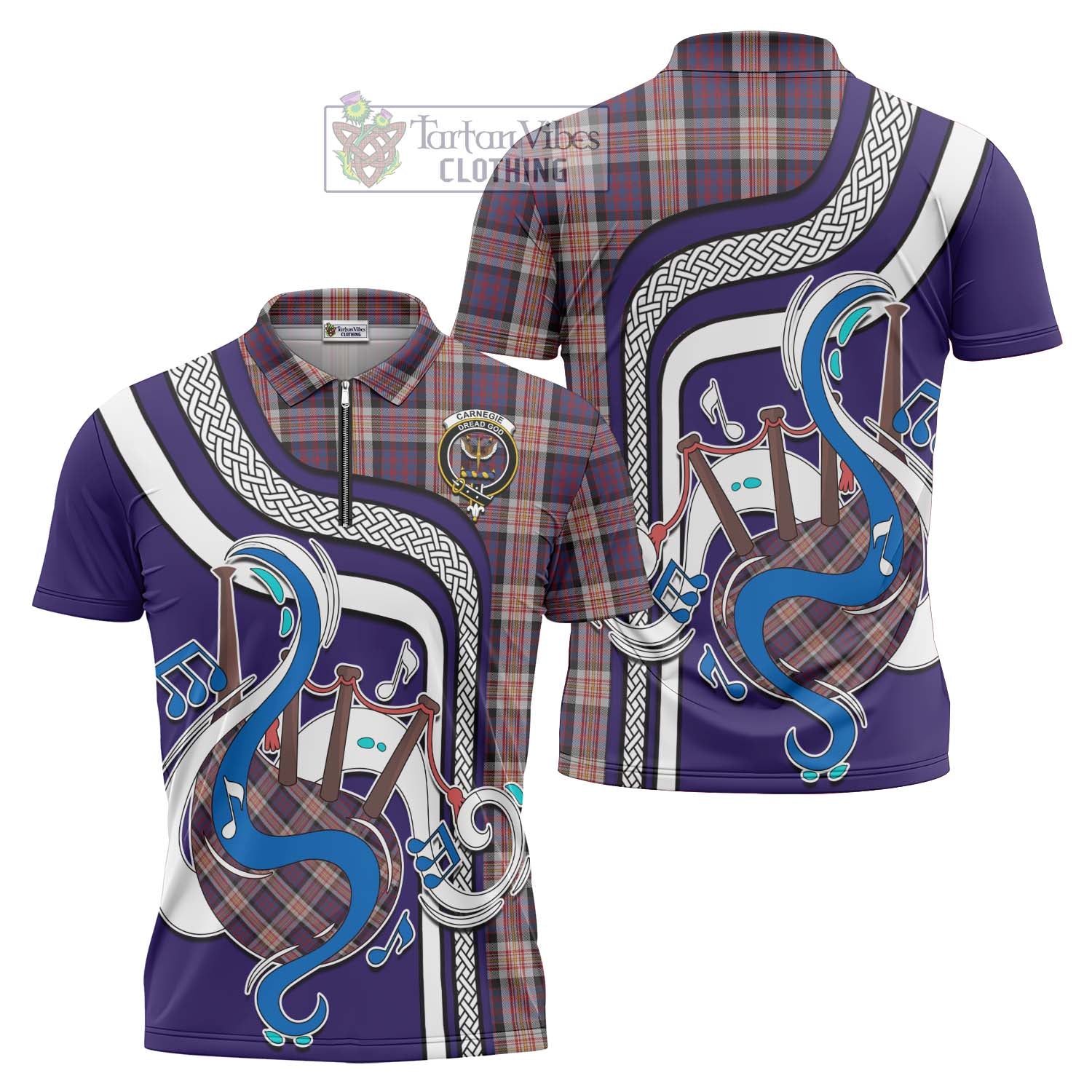 Tartan Vibes Clothing Carnegie Tartan Zipper Polo Shirt with Epic Bagpipe Style