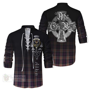 Carnegie Tartan Ghillie Kilt Shirt Featuring Alba Gu Brath Family Crest Celtic Inspired