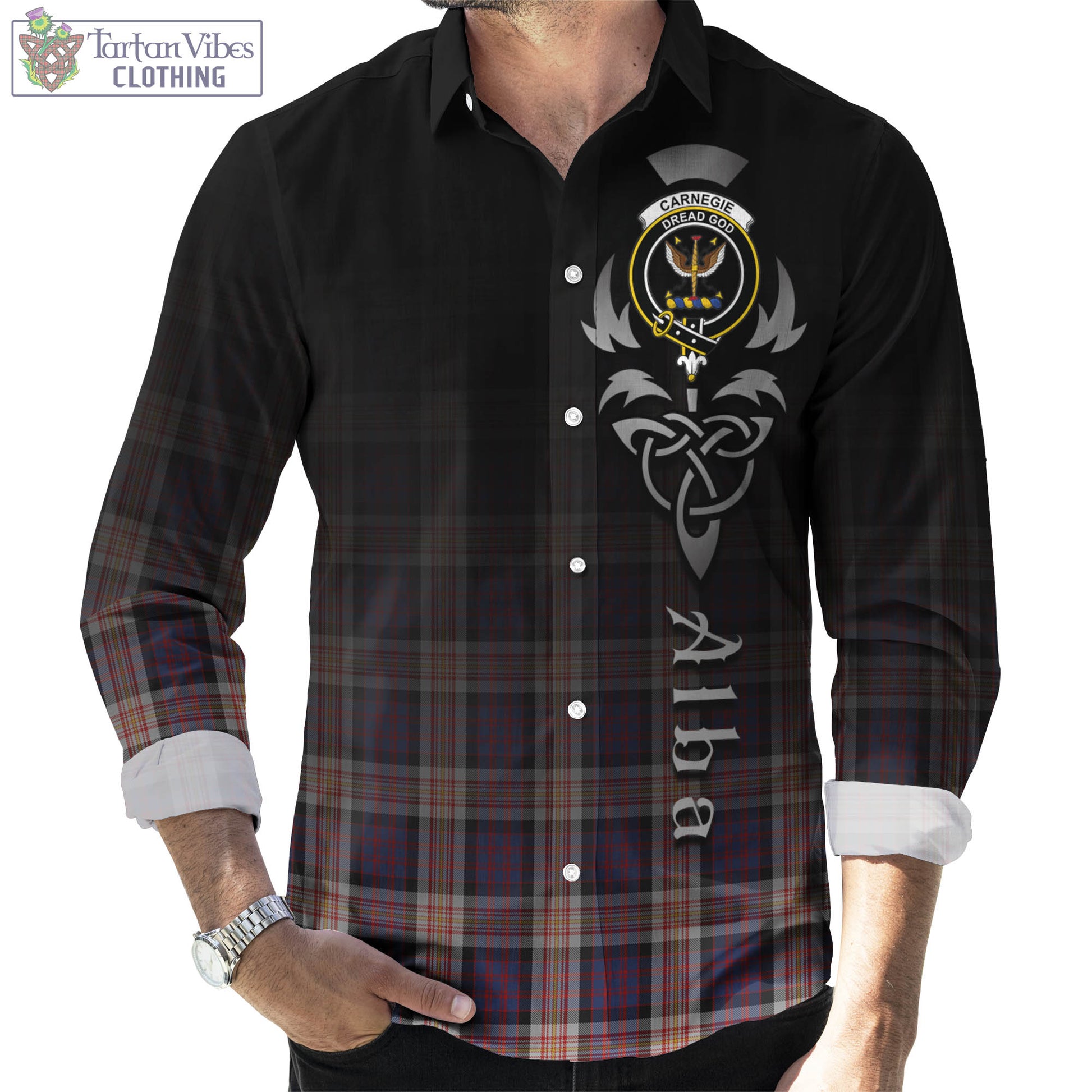 Tartan Vibes Clothing Carnegie Tartan Long Sleeve Button Up Featuring Alba Gu Brath Family Crest Celtic Inspired