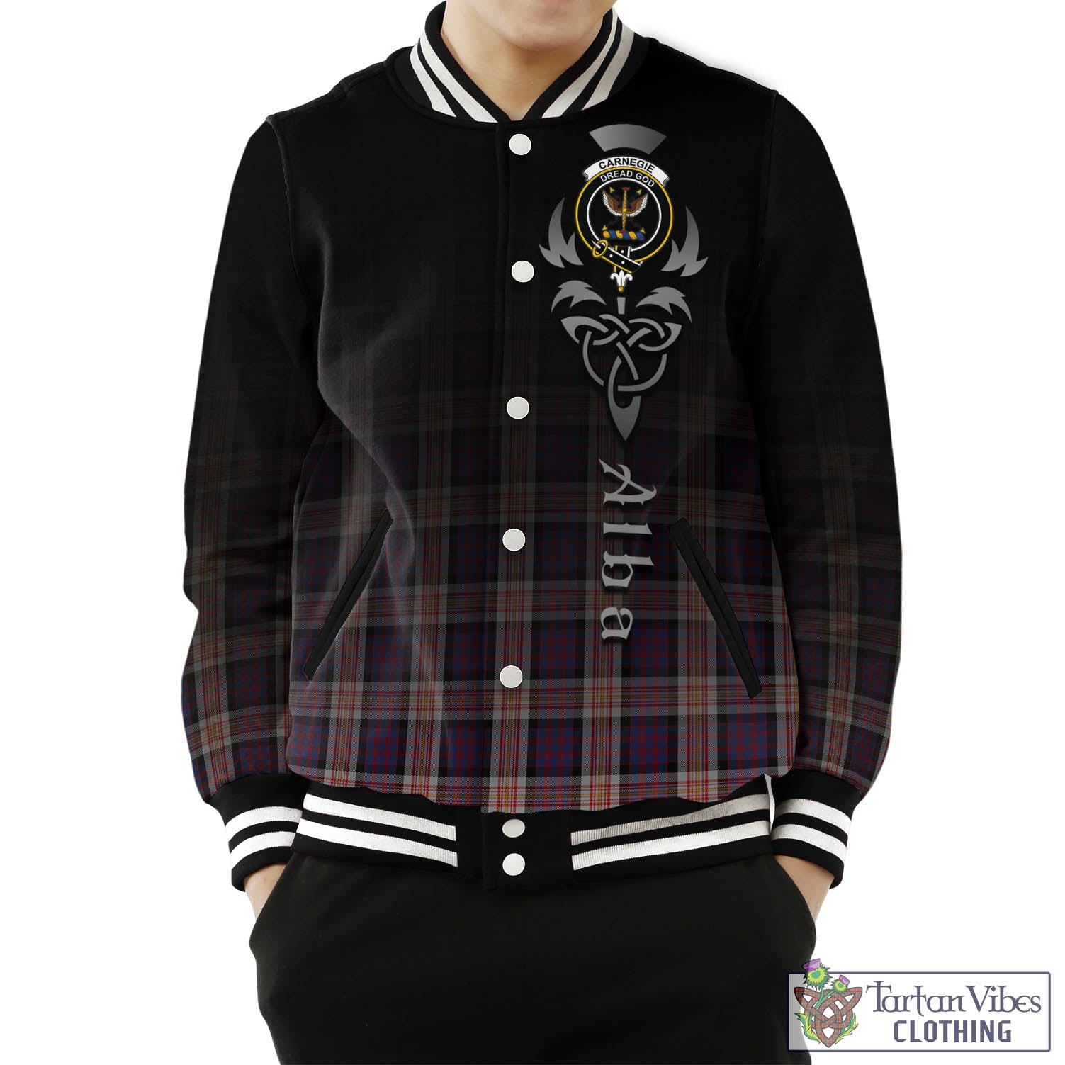 Tartan Vibes Clothing Carnegie Tartan Baseball Jacket Featuring Alba Gu Brath Family Crest Celtic Inspired