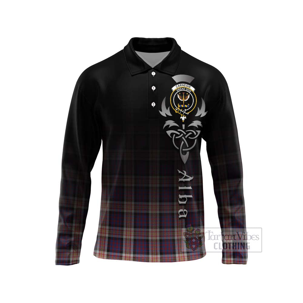 Tartan Vibes Clothing Carnegie Tartan Long Sleeve Polo Shirt Featuring Alba Gu Brath Family Crest Celtic Inspired