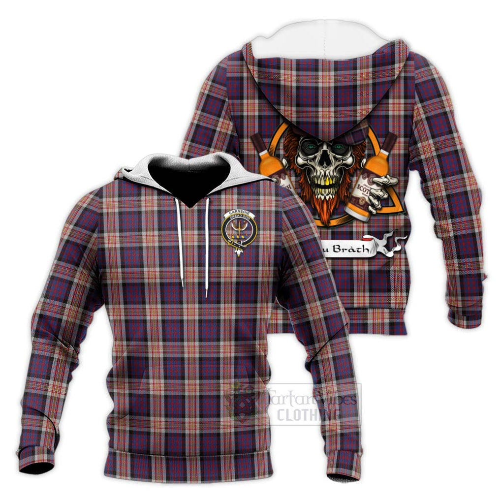 Tartan Vibes Clothing Carnegie Tartan Knitted Hoodie with Family Crest and Bearded Skull Holding Bottles of Whiskey