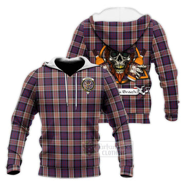 Carnegie Tartan Knitted Hoodie with Family Crest and Bearded Skull Holding Bottles of Whiskey