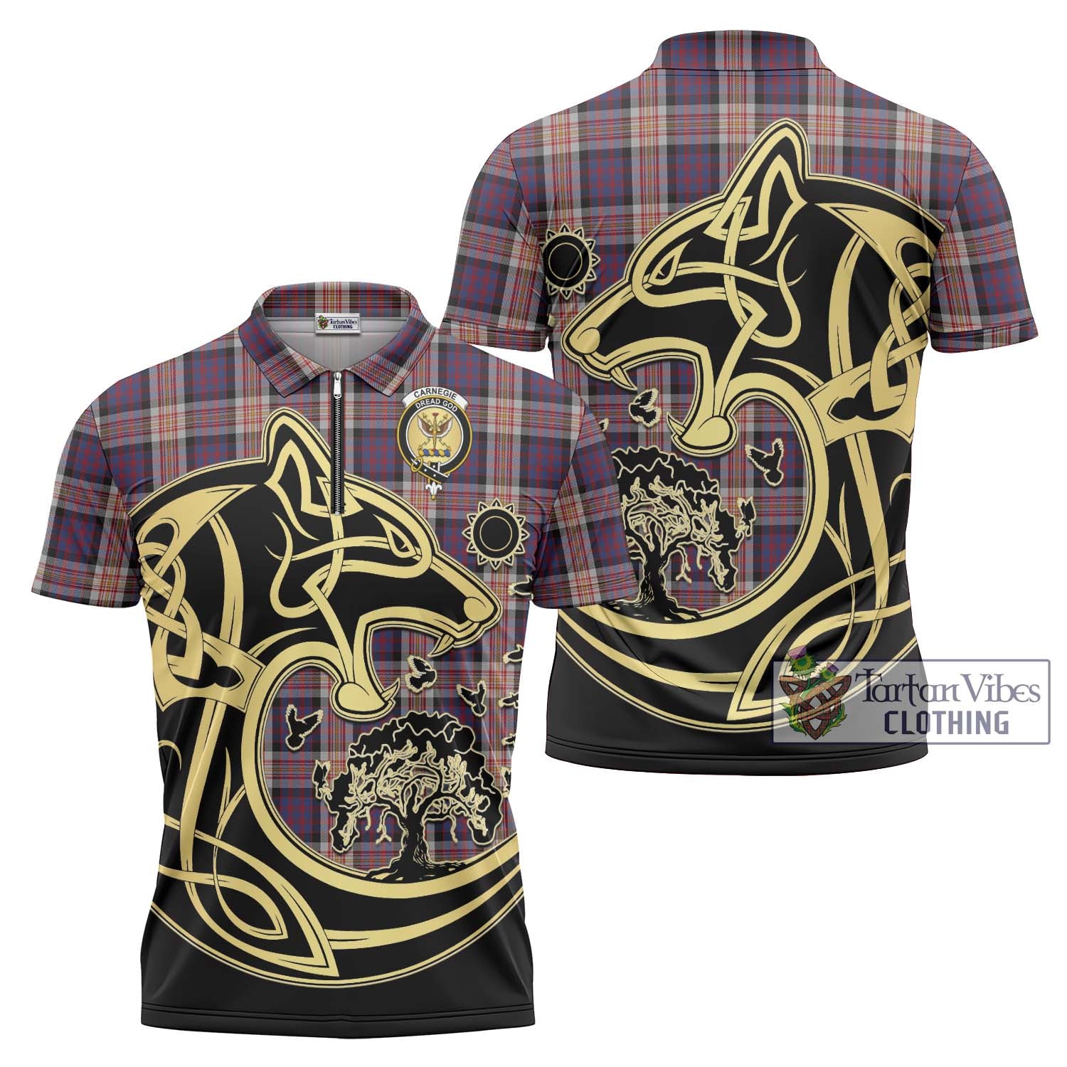 Tartan Vibes Clothing Carnegie Tartan Zipper Polo Shirt with Family Crest Celtic Wolf Style