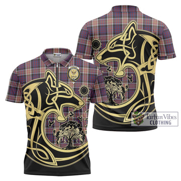 Carnegie Tartan Zipper Polo Shirt with Family Crest Celtic Wolf Style