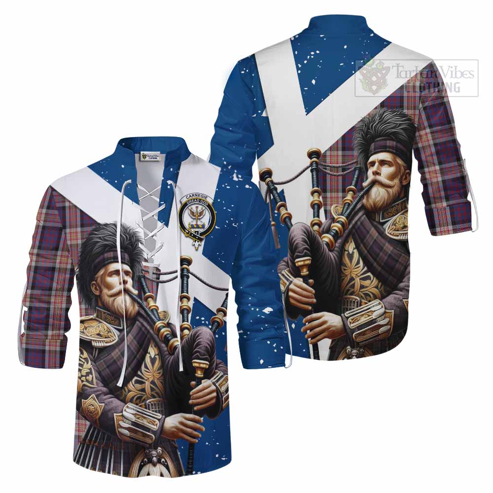 Tartan Vibes Clothing Carnegie Tartan Ghillie Kilt Shirt with Family Crest Scottish Bagpiper Vibes