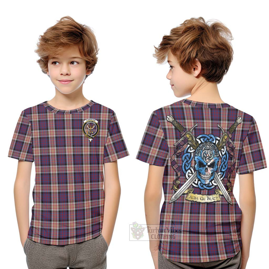 Tartan Vibes Clothing Carnegie Tartan Kid T-Shirt with Family Crest Celtic Skull Style