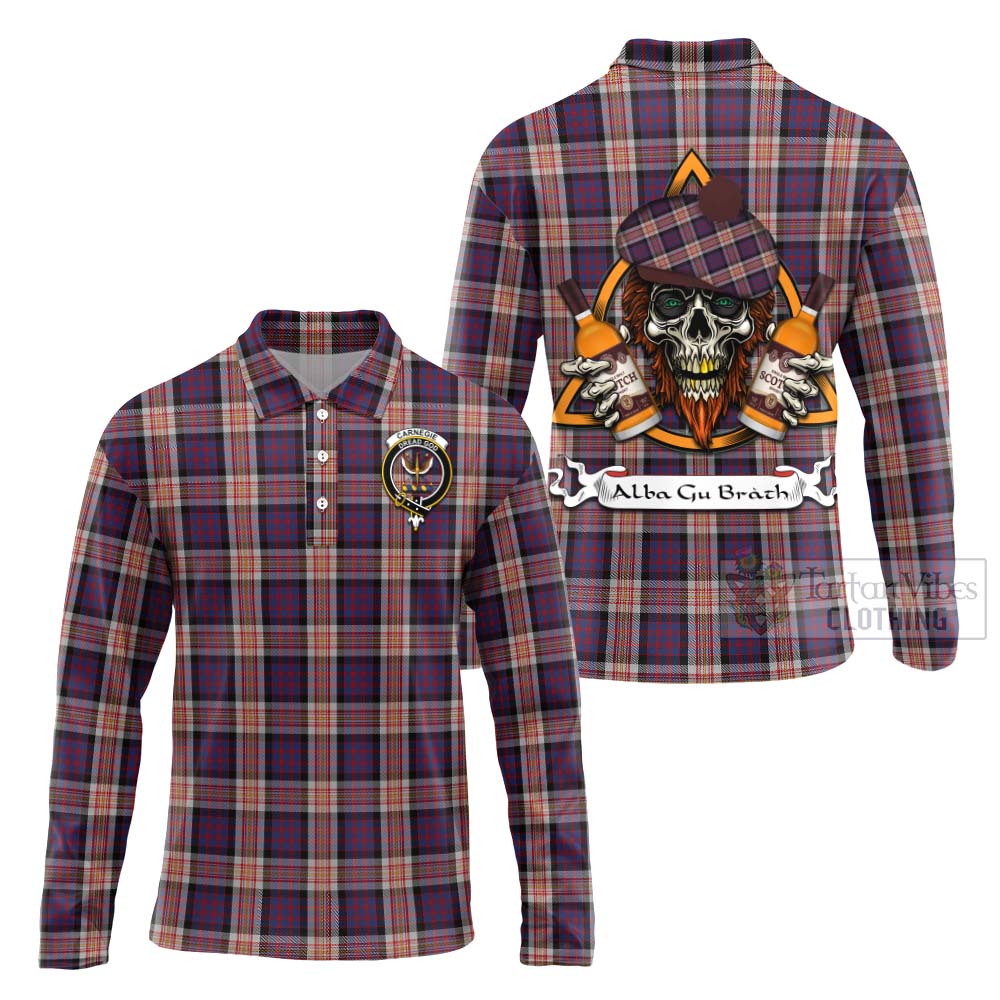 Tartan Vibes Clothing Carnegie Tartan Long Sleeve Polo Shirt with Family Crest and Bearded Skull Holding Bottles of Whiskey