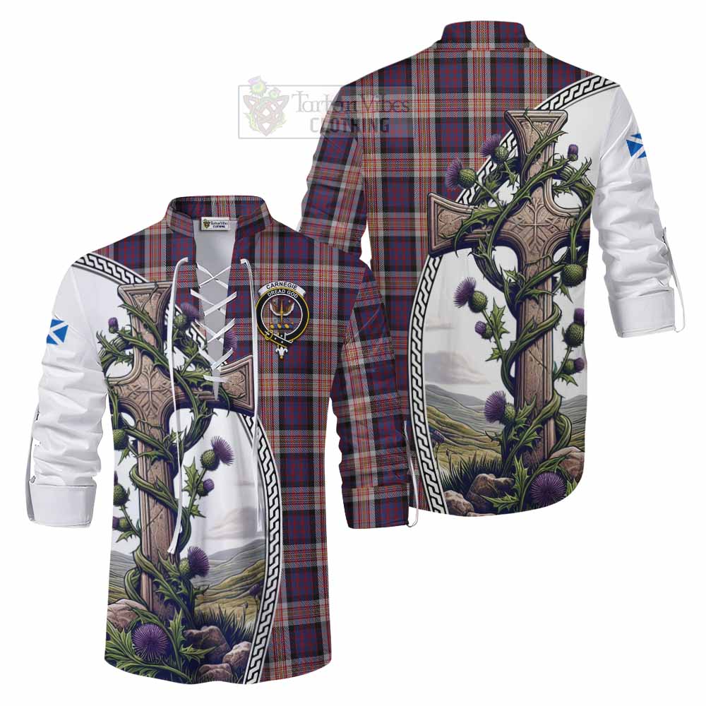 Tartan Vibes Clothing Carnegie Tartan Ghillie Kilt Shirt with Family Crest and St. Andrew's Cross Accented by Thistle Vines