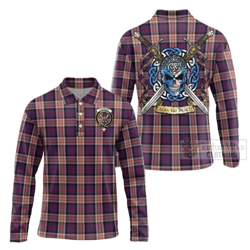 Tartan Vibes Clothing Carnegie Tartan Long Sleeve Polo Shirt with Family Crest Celtic Skull Style