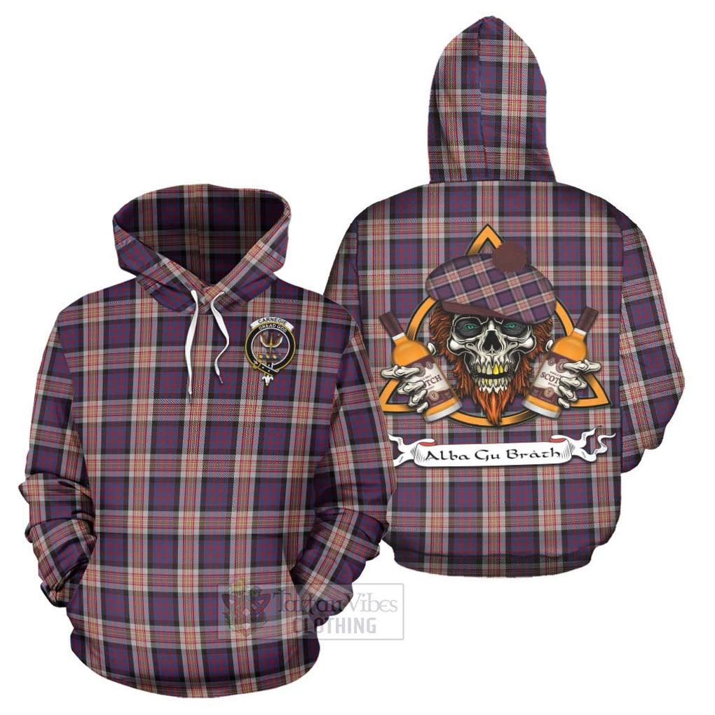 Tartan Vibes Clothing Carnegie Tartan Hoodie with Family Crest and Bearded Skull Holding Bottles of Whiskey