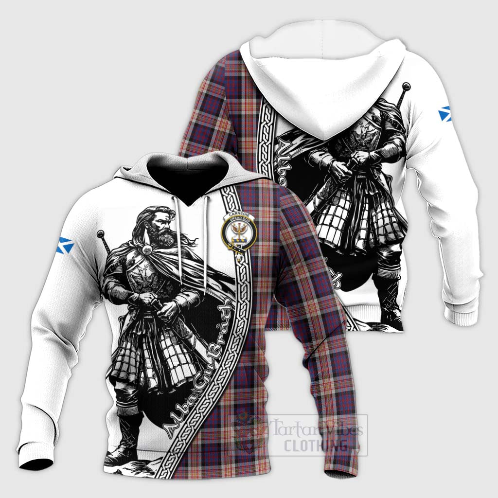 Tartan Vibes Clothing Carnegie Tartan Clan Crest Knitted Hoodie with Highlander Warrior Celtic Style