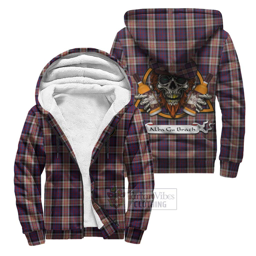 Tartan Vibes Clothing Carnegie Tartan Sherpa Hoodie with Family Crest and Bearded Skull Holding Bottles of Whiskey