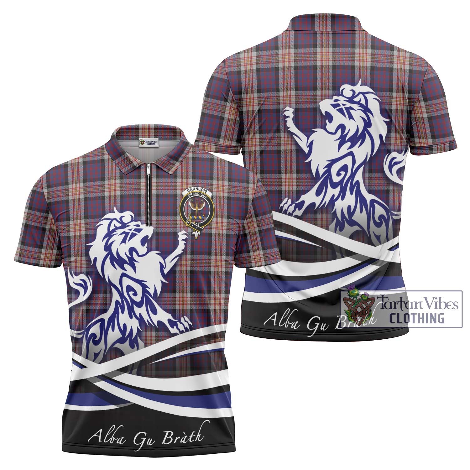 Tartan Vibes Clothing Carnegie Tartan Zipper Polo Shirt with Alba Gu Brath Regal Lion Emblem