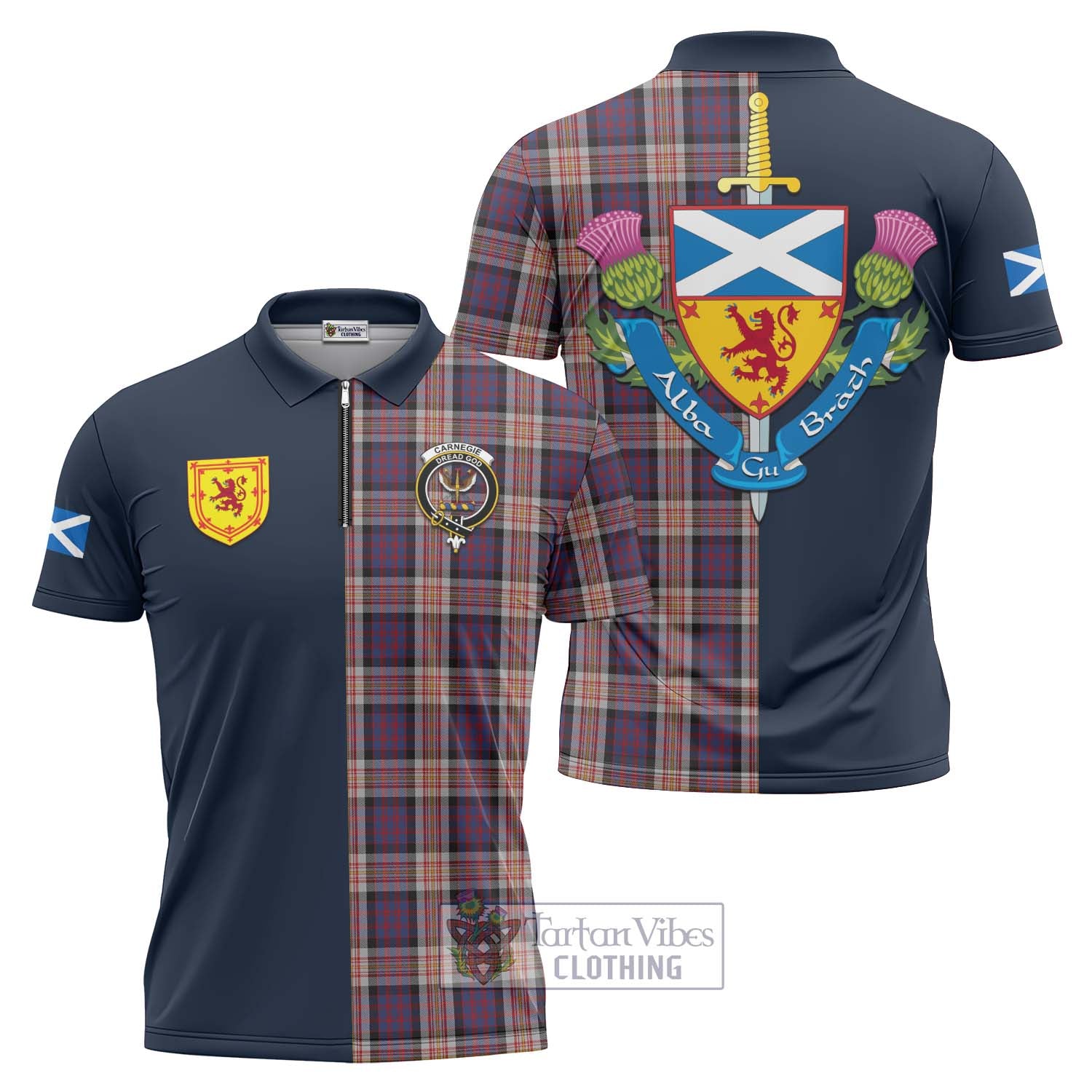 Tartan Vibes Clothing Carnegie Tartan Zipper Polo Shirt with Scottish Lion Royal Arm Half Style