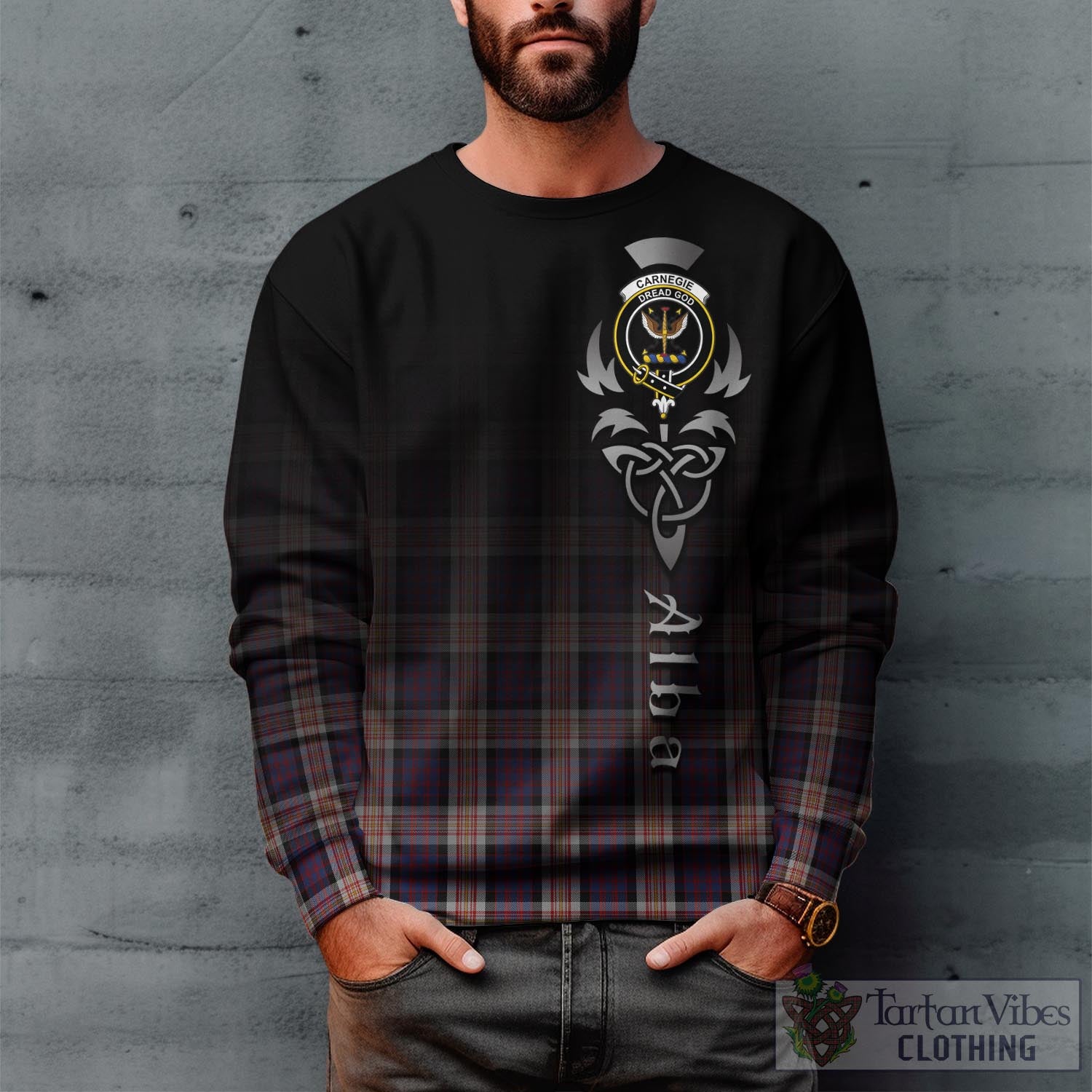 Tartan Vibes Clothing Carnegie Tartan Sweatshirt Featuring Alba Gu Brath Family Crest Celtic Inspired