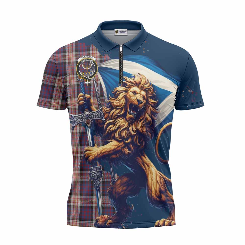 Tartan Vibes Clothing Carnegie Tartan Family Crest Zipper Polo Shirt with Scottish Majestic Lion